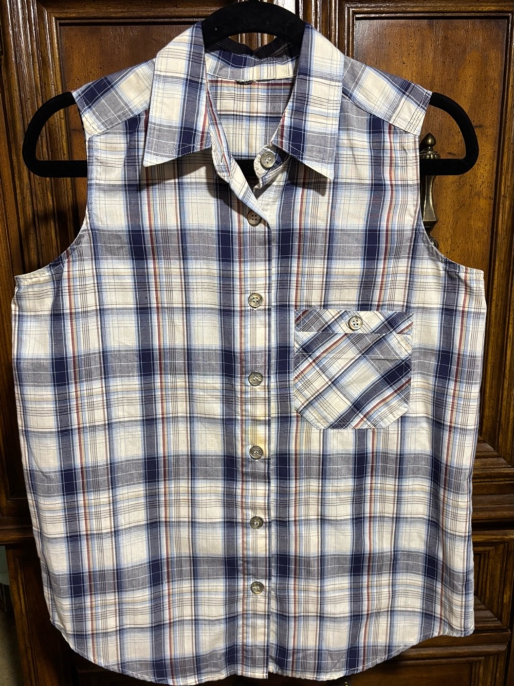 Classic Elements Navy & White Plaid Sleeveless Button-Down